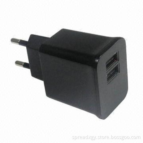 USB Charger Adapter with EU Plug and Dual USB Port Output, 100 to 240V Input and 5.0V DC/2.1A Output